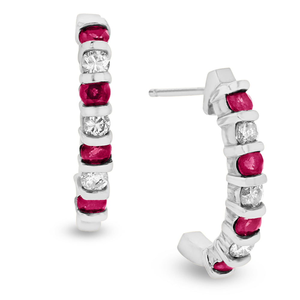 0.35ctw Diamond and Ruby J Hoop Earrings in 14k White Gold