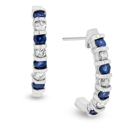 0.35ctw Diamond and Sapphire J Hoop Earrings in 14k White Gold