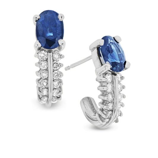 1.70ctw Diamond and Sapphire J Hoop Earrings in 14k White Gold