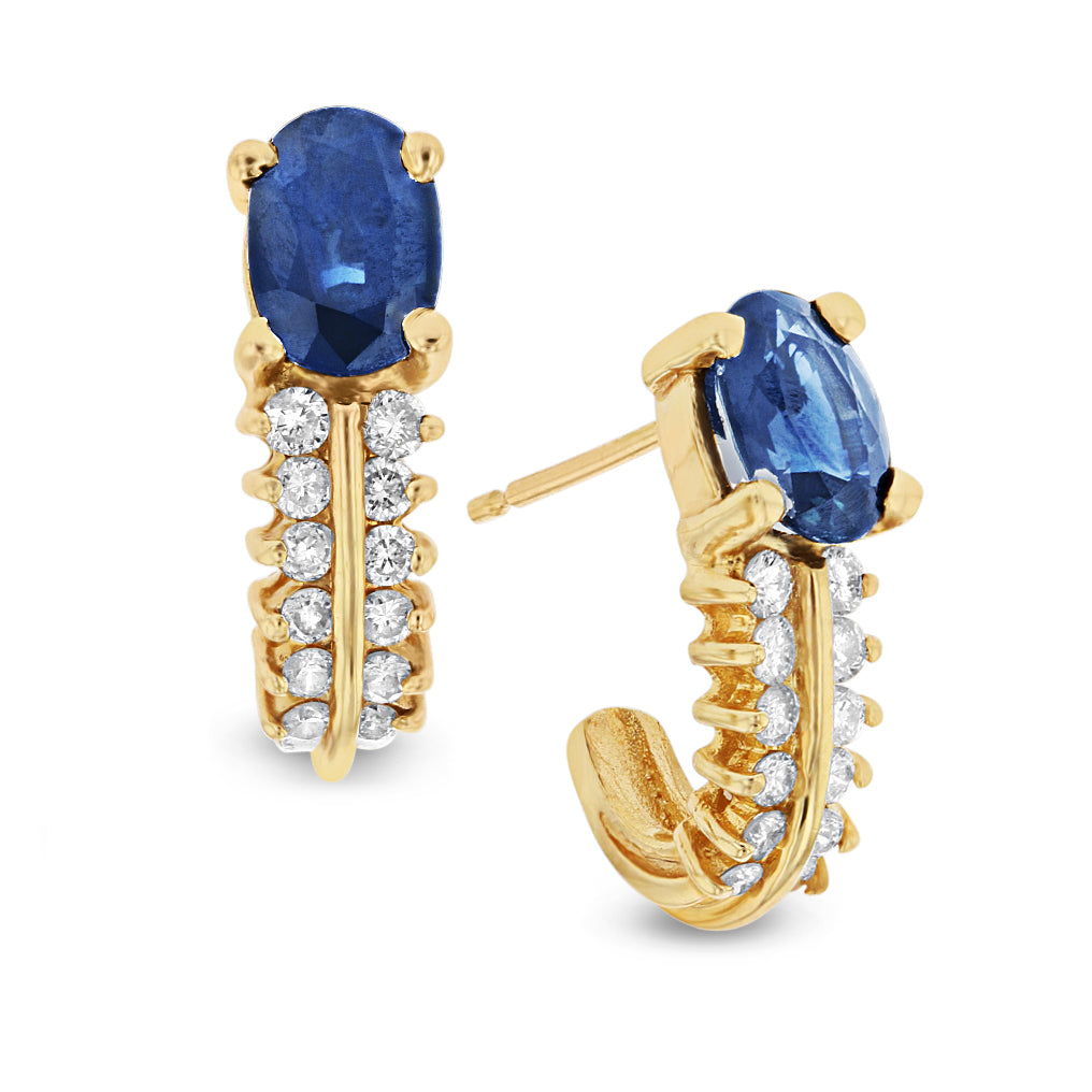 1.70ctw Diamond and Sapphire J Hoop Earrings in 14k Yellow Gold