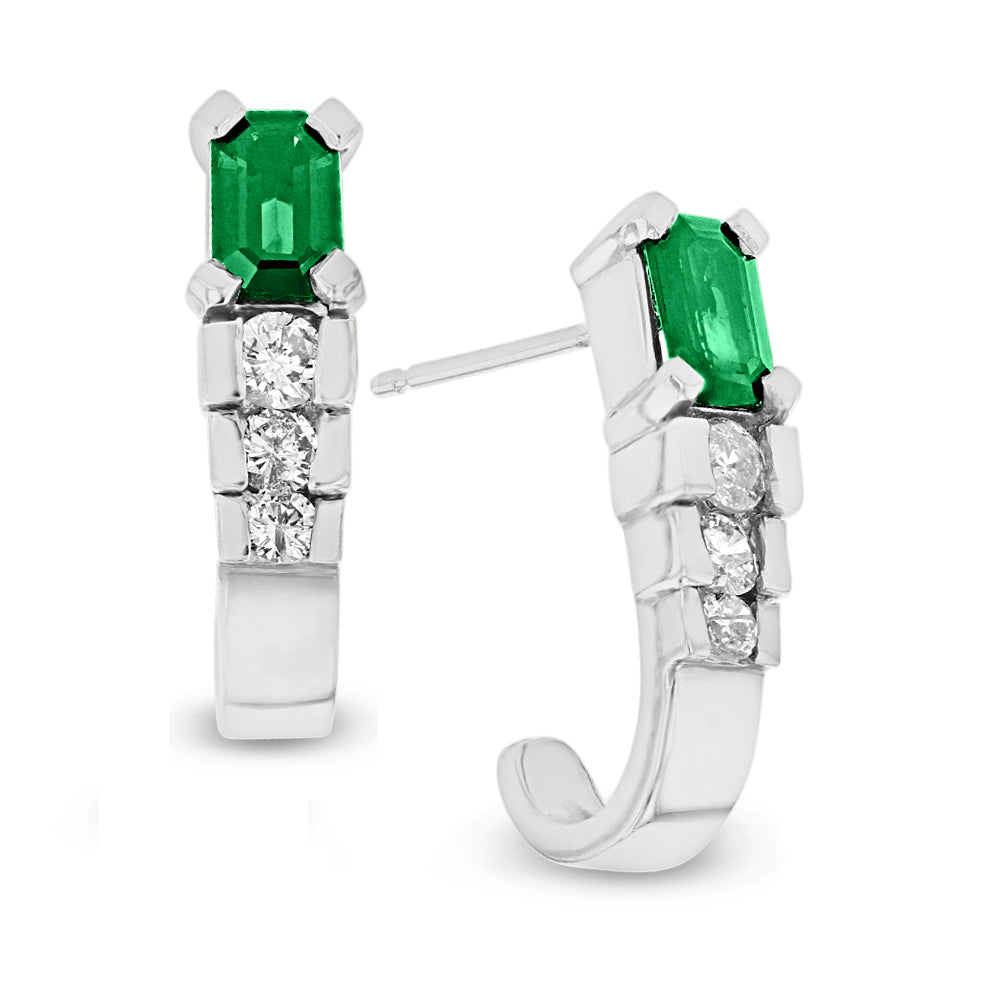 1.35ctw Diamond and Emerald J Hoop Earrings in 14k White Gold