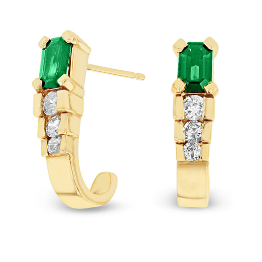 1.35ctw Emerald and Diamond J-Hoop Earrings in 14k Yellow Gold