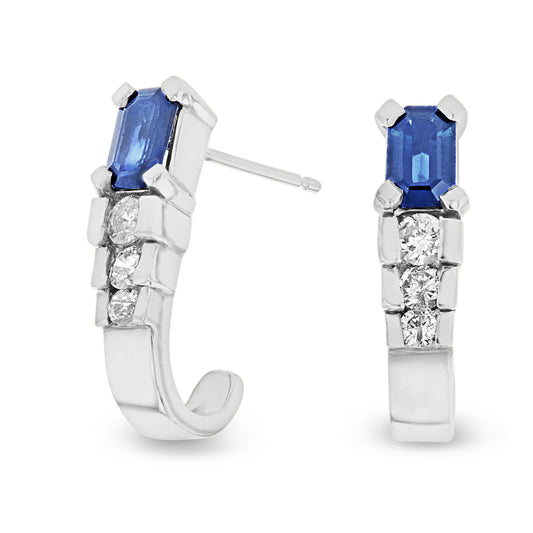 1.45ctw Diamond and Sapphire J-Hoop Earrings in 14k White Gold