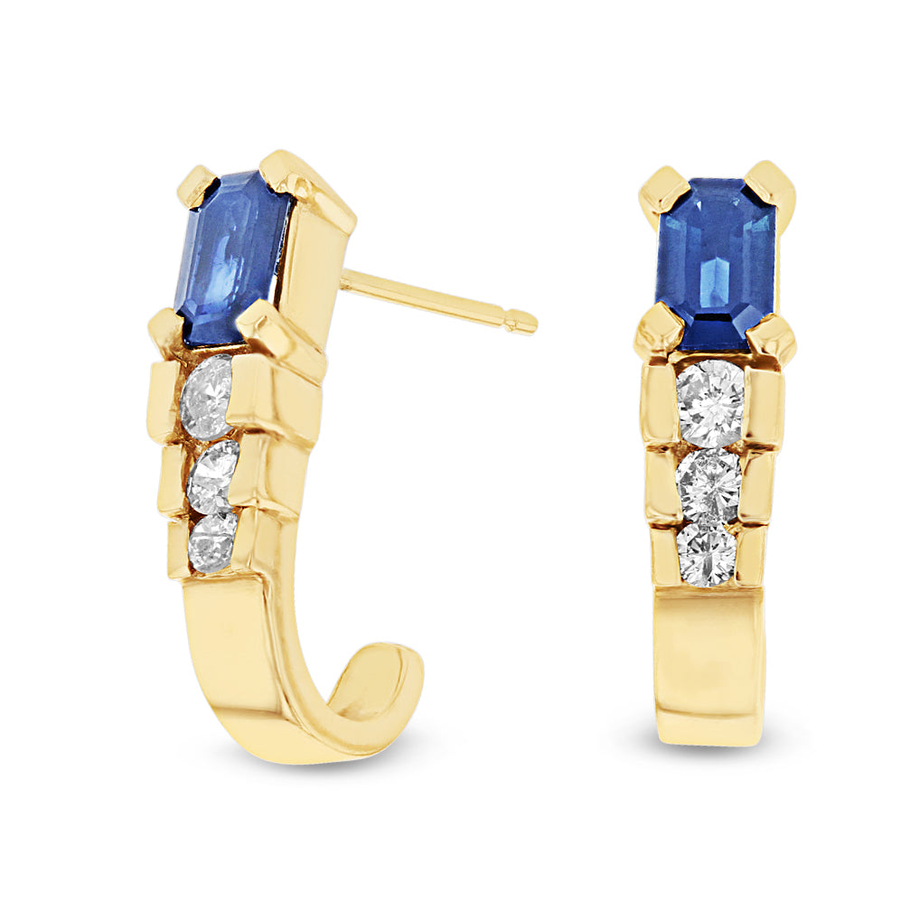 1.45ctw Diamond and Sapphire J-Hoop Earrings in 14k Yellow Gold