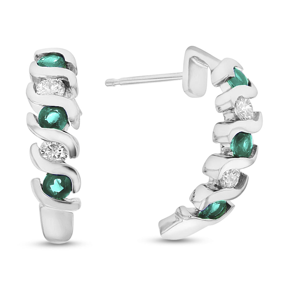 0.76ctw Diamond and Emerald J-Hoop Earrings in 14k White Gold