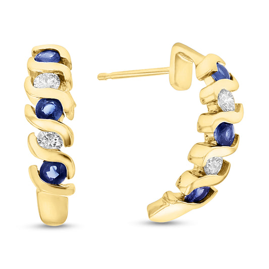 0.76ctw Diamond and Sapphire J-Hoop Earrings in 14k YG