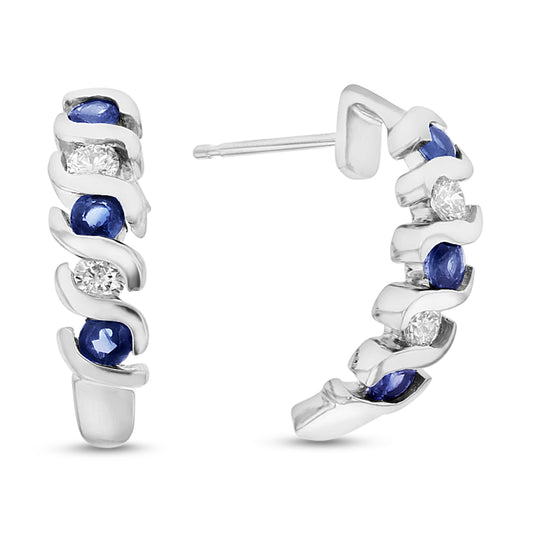 0.76ctw Diamond and Sapphire J-Hoop Earrings in 14k WG