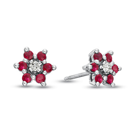 0.58cttw Natural Heated Ruby and Diamond Flower Cluster Earring in 14k Gold