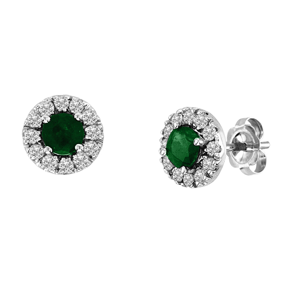 0.88cttw Emerald and Diamond Halo Earrings set in 14k White Gold