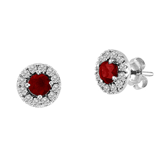 1.05cttw Natural Heated Ruby and Diamond Halo Earring set in 14k White Gold