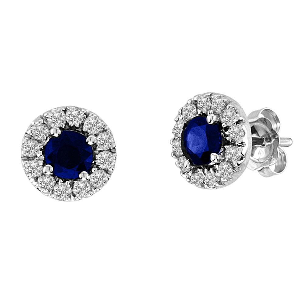 0.93cttw Sapphire and Diamond Halo Earring set in 14k White Gold