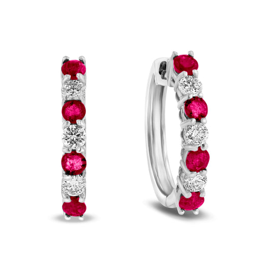 1.15ctw Diamond and Ruby Hoop Earrings in 14k White Gold