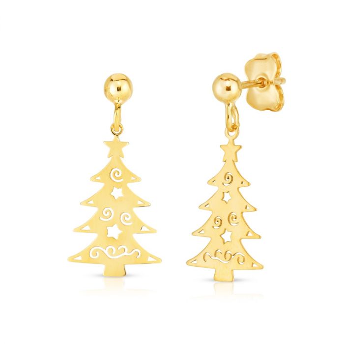 14K Yellow Gold Holiday Tree Drop Earrings with Push Back Closure.