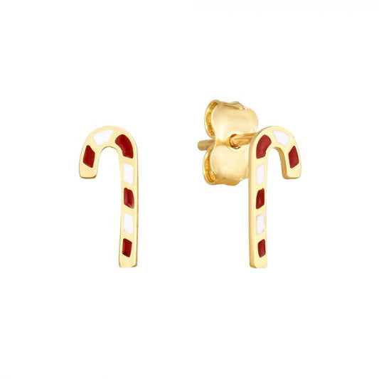 14K Yellow Gold Enamel Candy Cane Stud Earrings